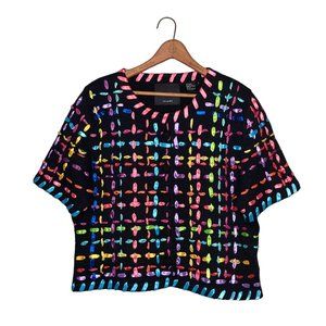 Vintage 00s Y2K Michael Simon L Rainbow Ribbon Whipstitch Weave Cardigan Sweater